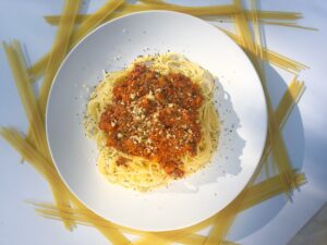 vegan spaghetti bolognese served