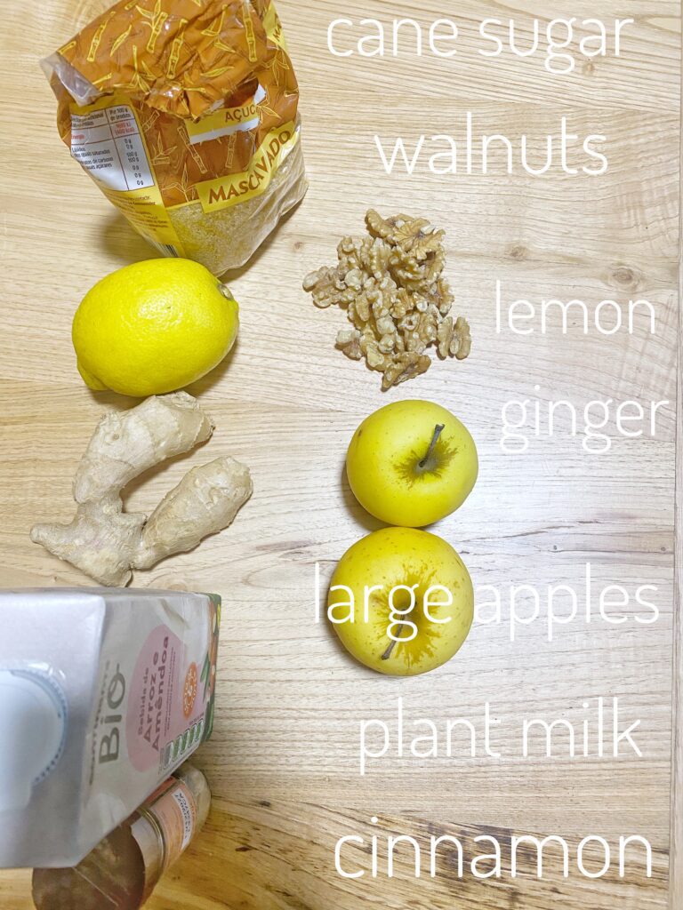 ingredients for vegan tufahije on a wooden board