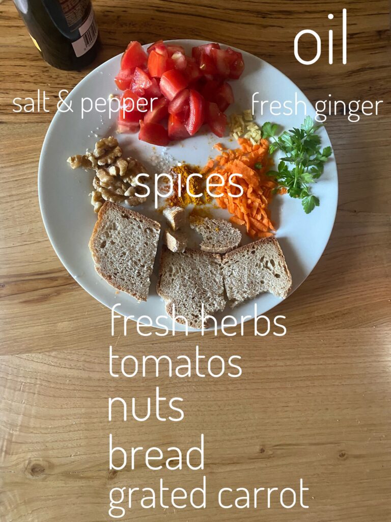 different ingredients for bread upma on a plate and table