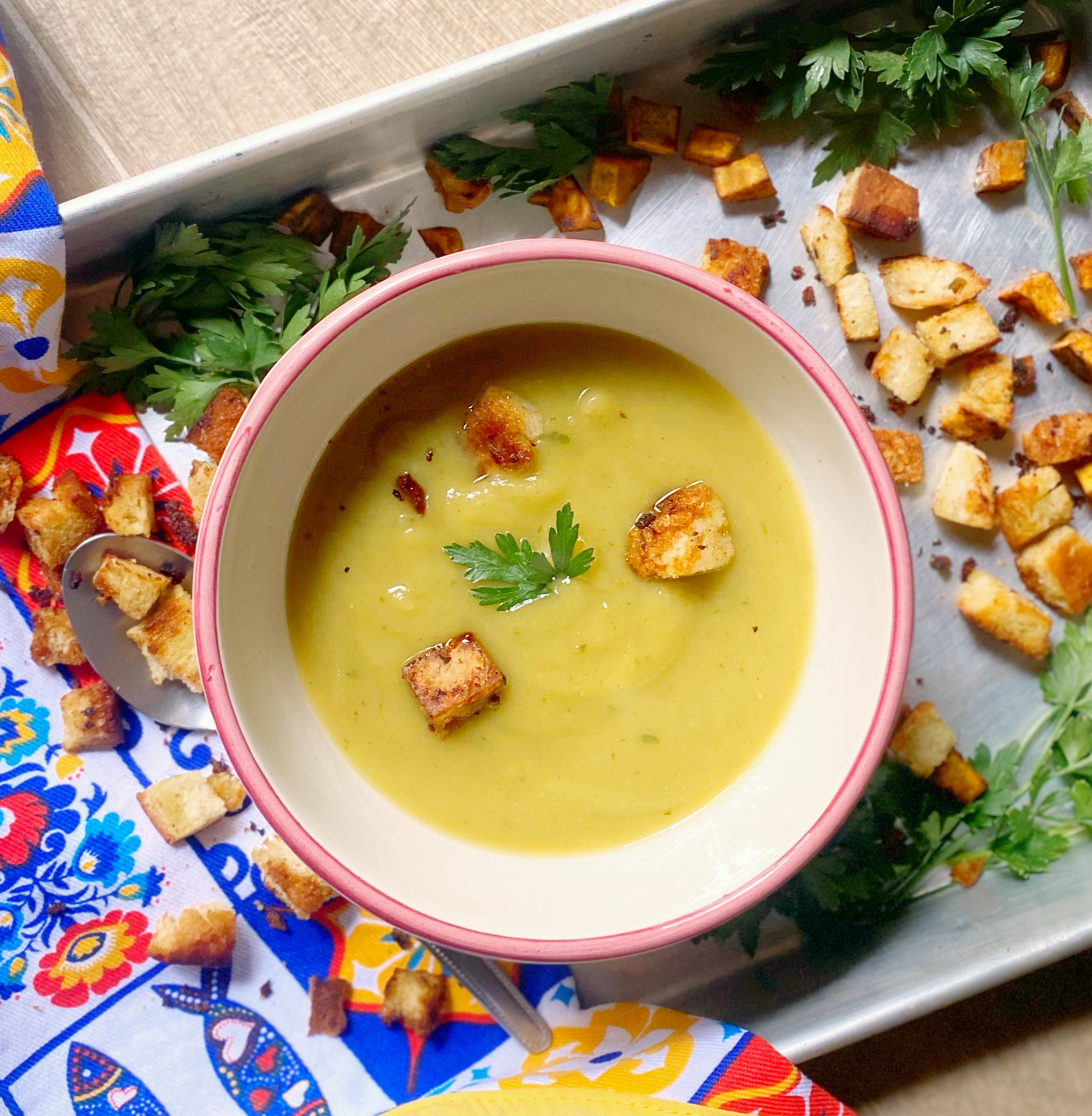 Traditional American Sweet Potato Soup with Croutons