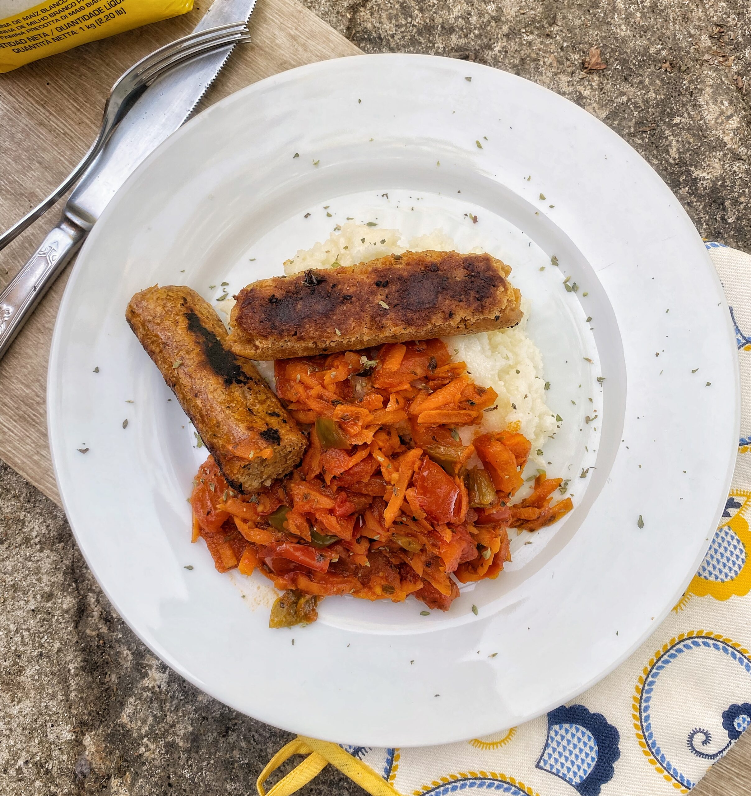 Stywe Pap with Chakalaka and Bread-Sausages