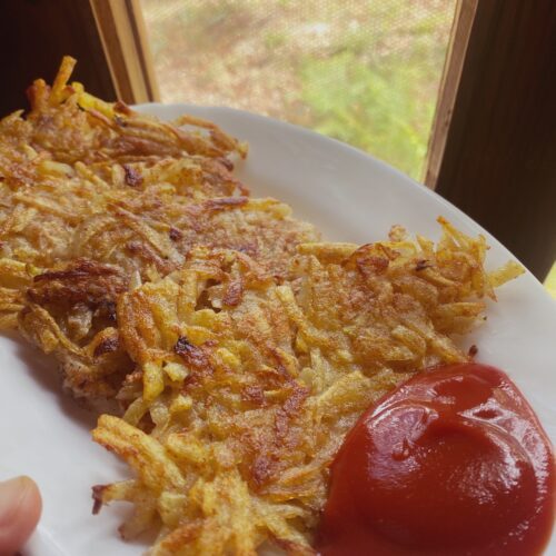 erdäpfelpuffer with homemade ketchup on a white plate