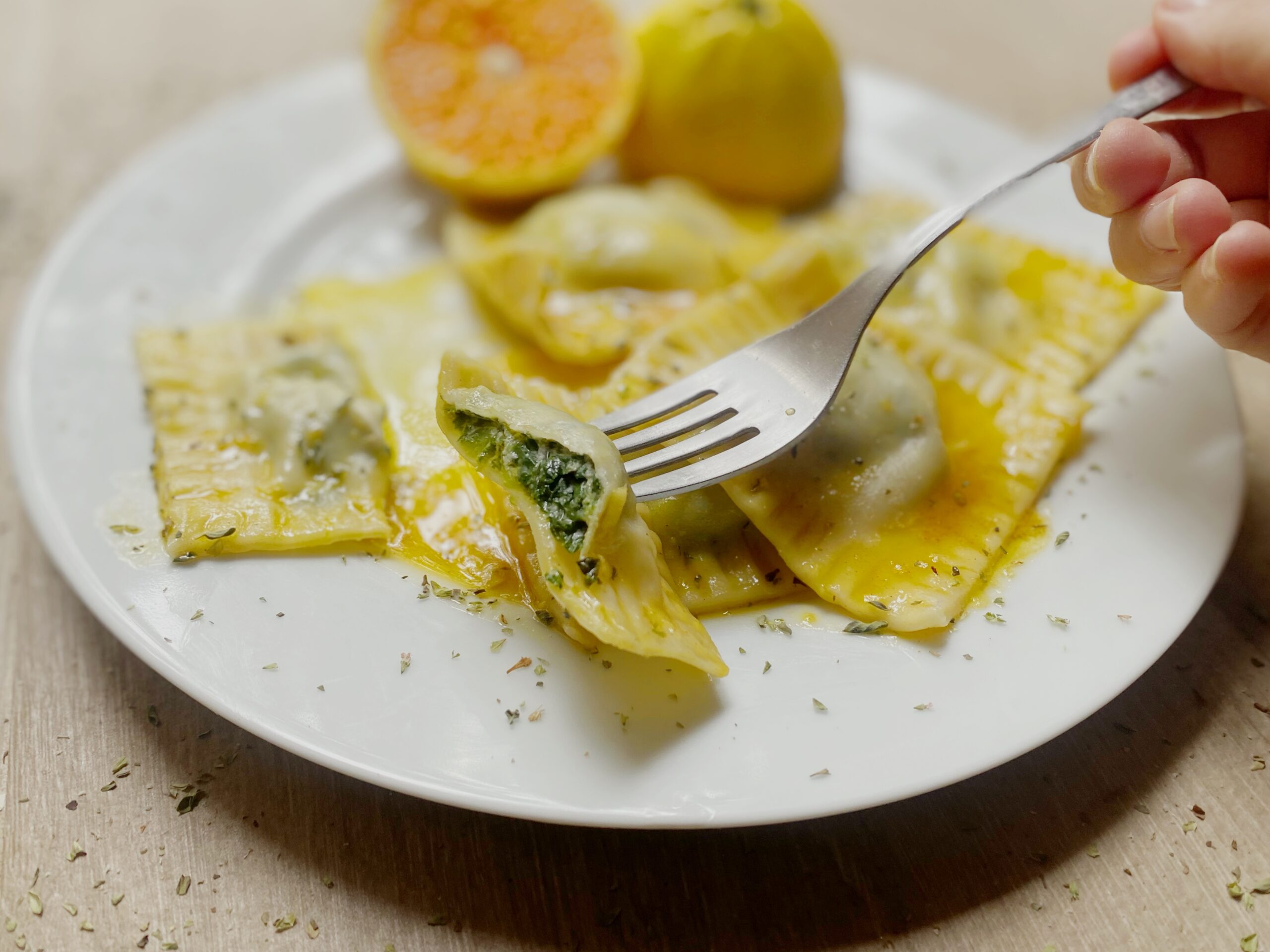 Almond Ricotta and Baby Spinach Ravioli with Orange Oil Drizzle (vegan)