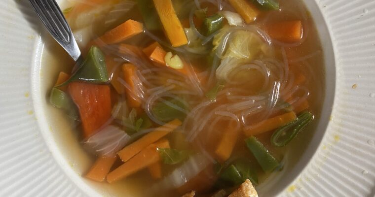 Asia-inspired Vegetable and Mungbean-Vermicelli Soup with Tofu-Sticks (gluten-free)