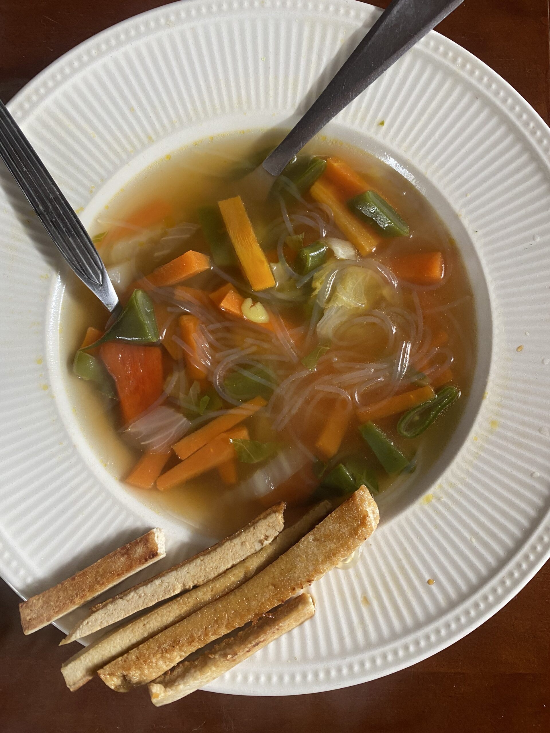 Asia-inspired Vegetable and Mungbean-Vermicelli Soup with Tofu-Sticks (gluten-free)